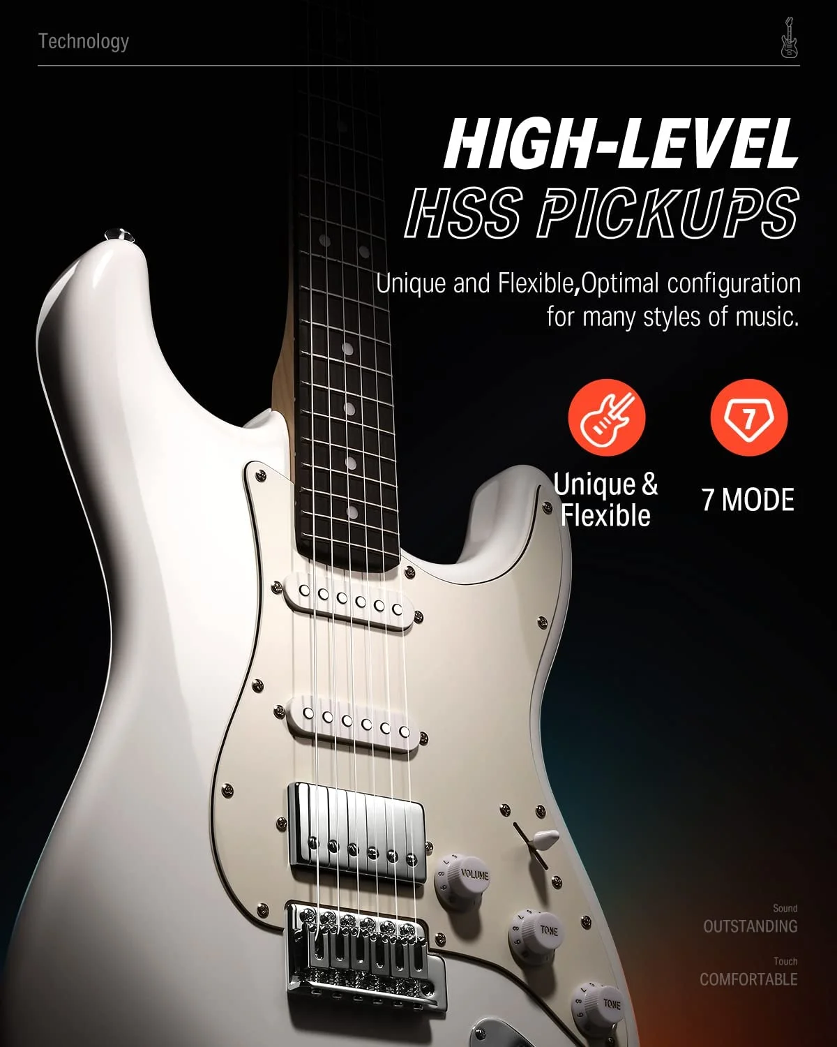 Donner Electric Guitar, 39" Beginner Guitar HSS Pickup Coil Split Polar with Kits White DST-152