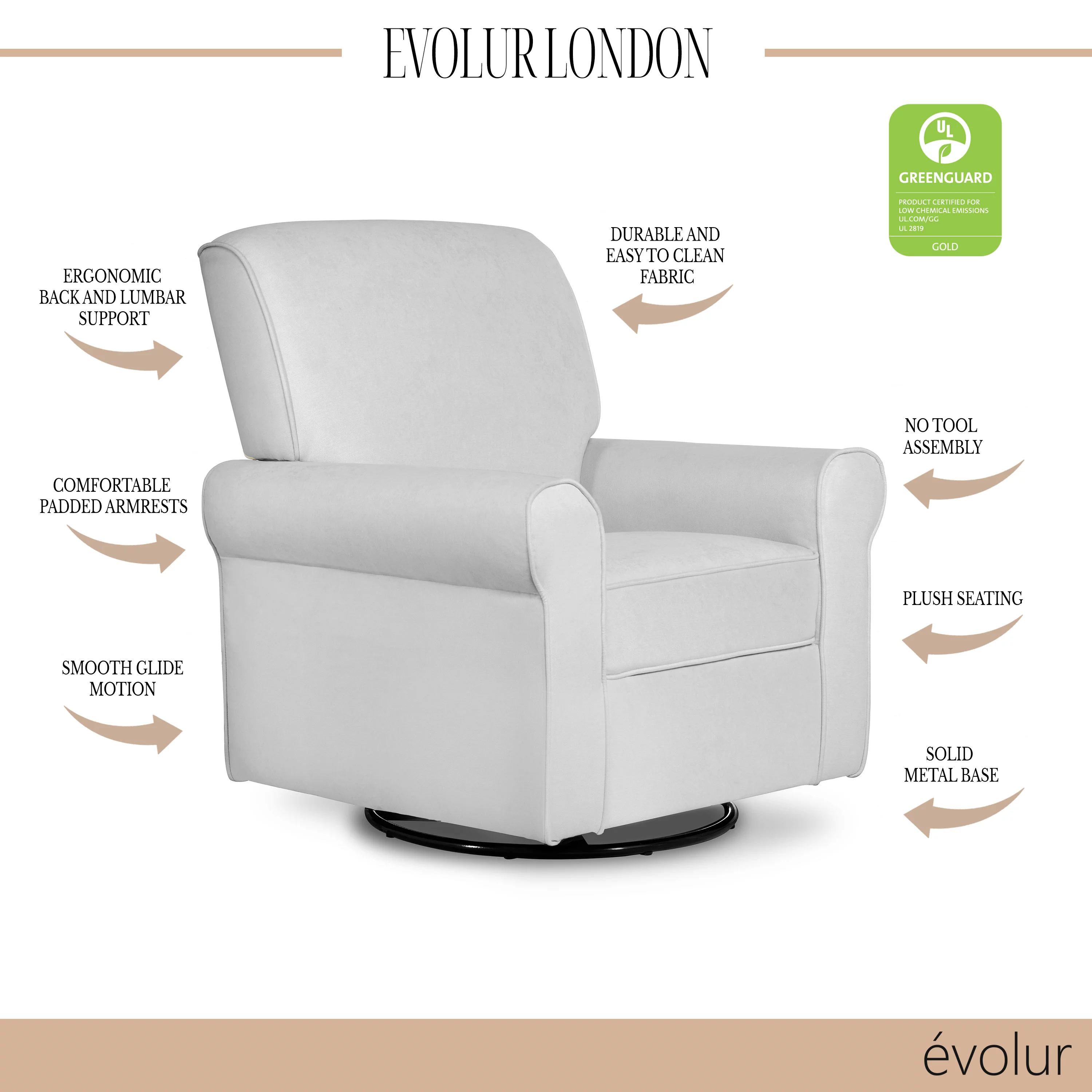 Evolur London Upholstered 360 Swivel l Glider I Rocker I Nursery Glider I Durable Soft Fabric in Gray Finish