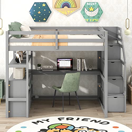 Harper & Bright Designs Twin Over Twin Bunk Bed with Stairs and Trundle, Solid Wood Stairway Bunk Bed Frame with Storage