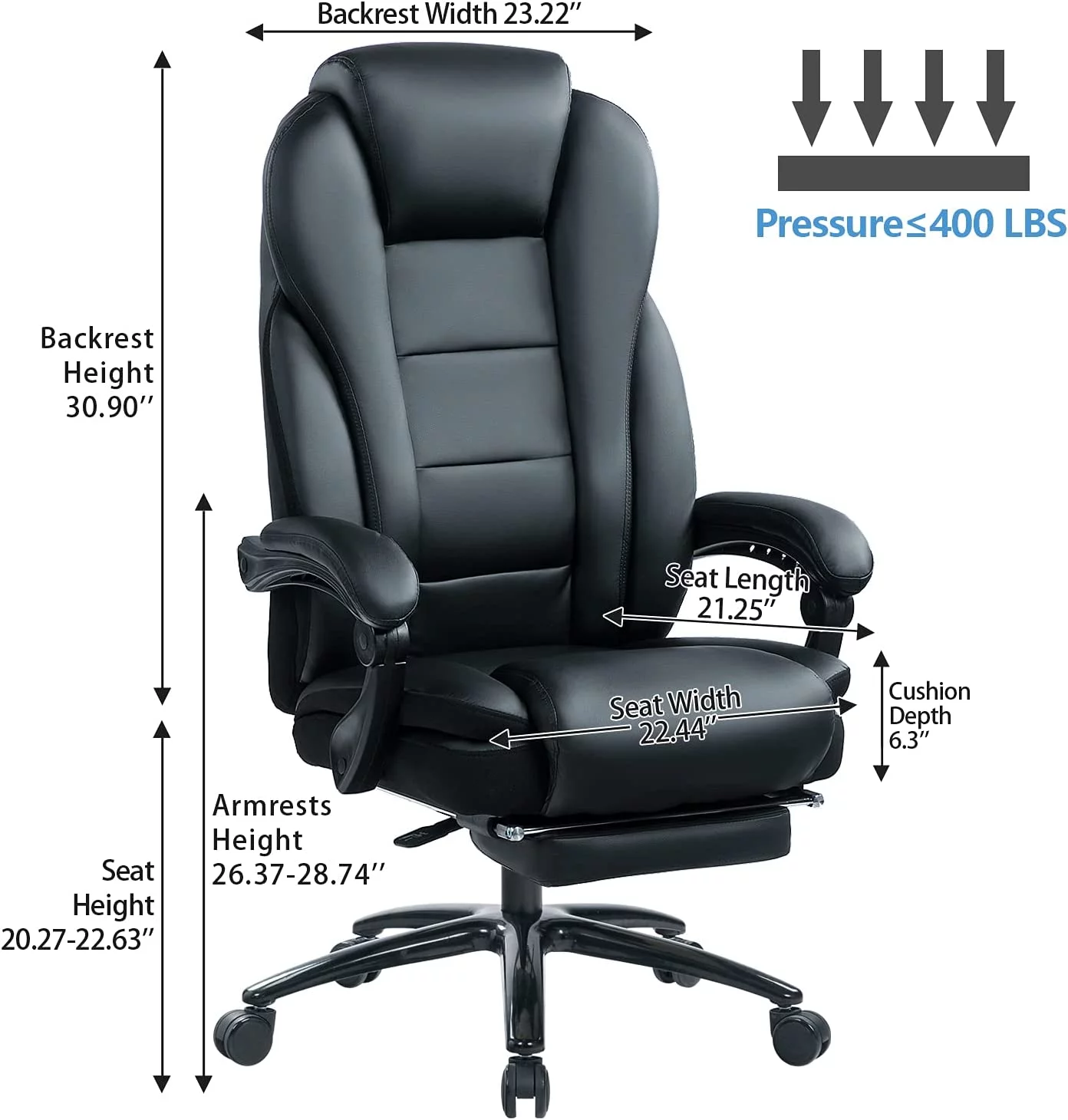 Big and Tall Office Chair 400lb for Heavy People with Double Padded Memory Foam Seat Cushion Leather Executive Office Chair with Lumbar Support and