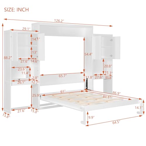 SOFTSEA Queen Size Murphy Bed with Desk and Storage, Wood Queen Wall Bed Frame with Vanity & Shelves, Space-Saving for Guest Room, Bedroom or Office