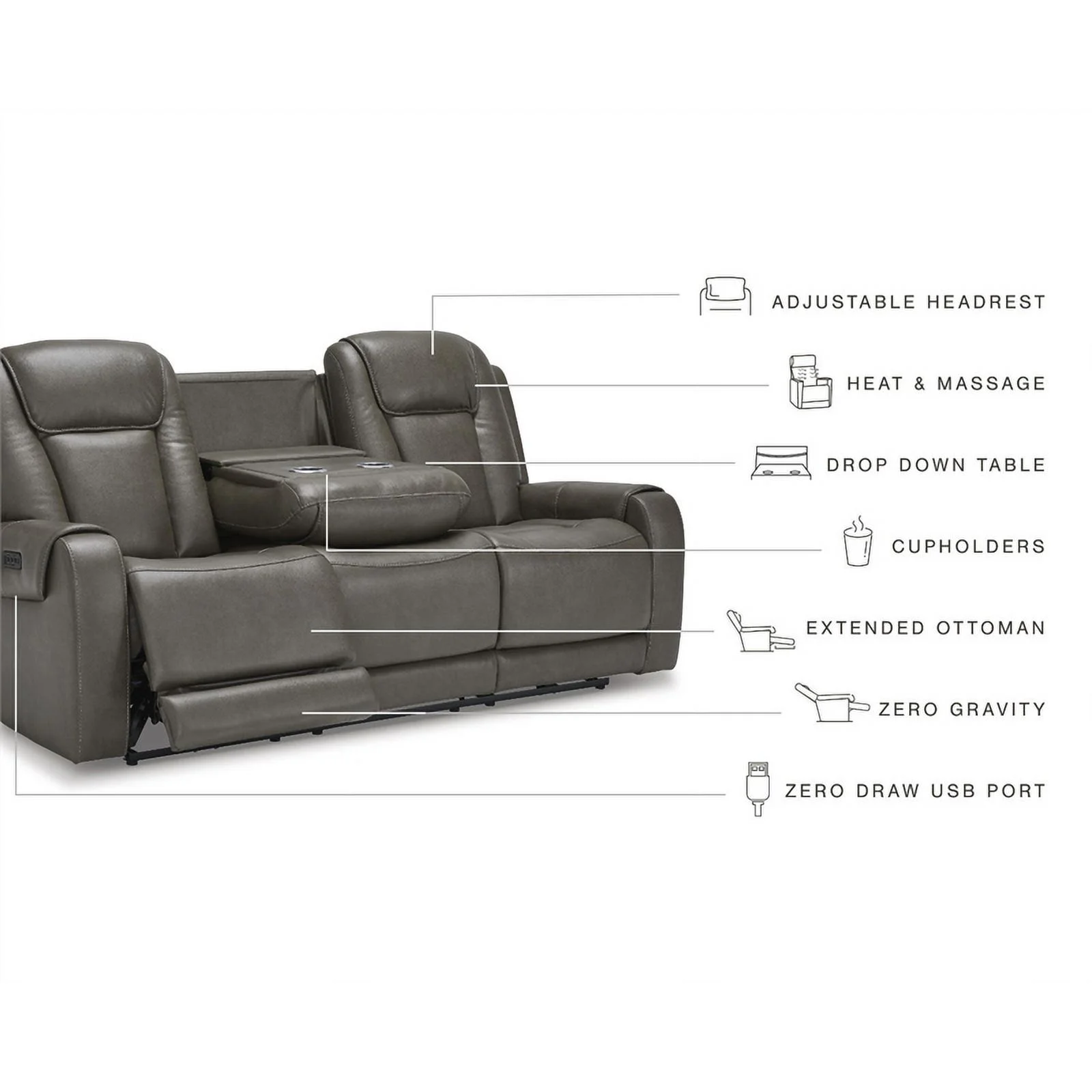 Ashley Furniture Card Player Faux Leather & Fabric Power Reclining Sofa in Gray