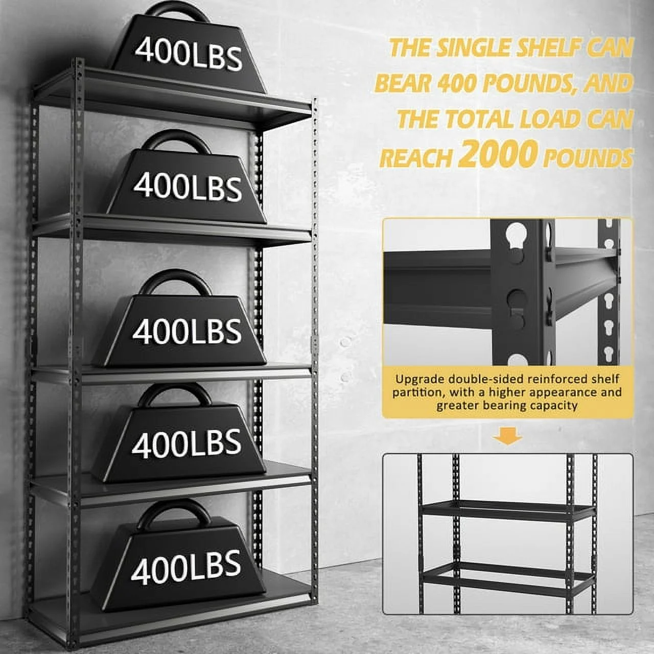 FICISOG 5 Tier Storage Shelves,2PK Heavy Duty Garage Shelving, 400lbs Load Capacity Each Layer