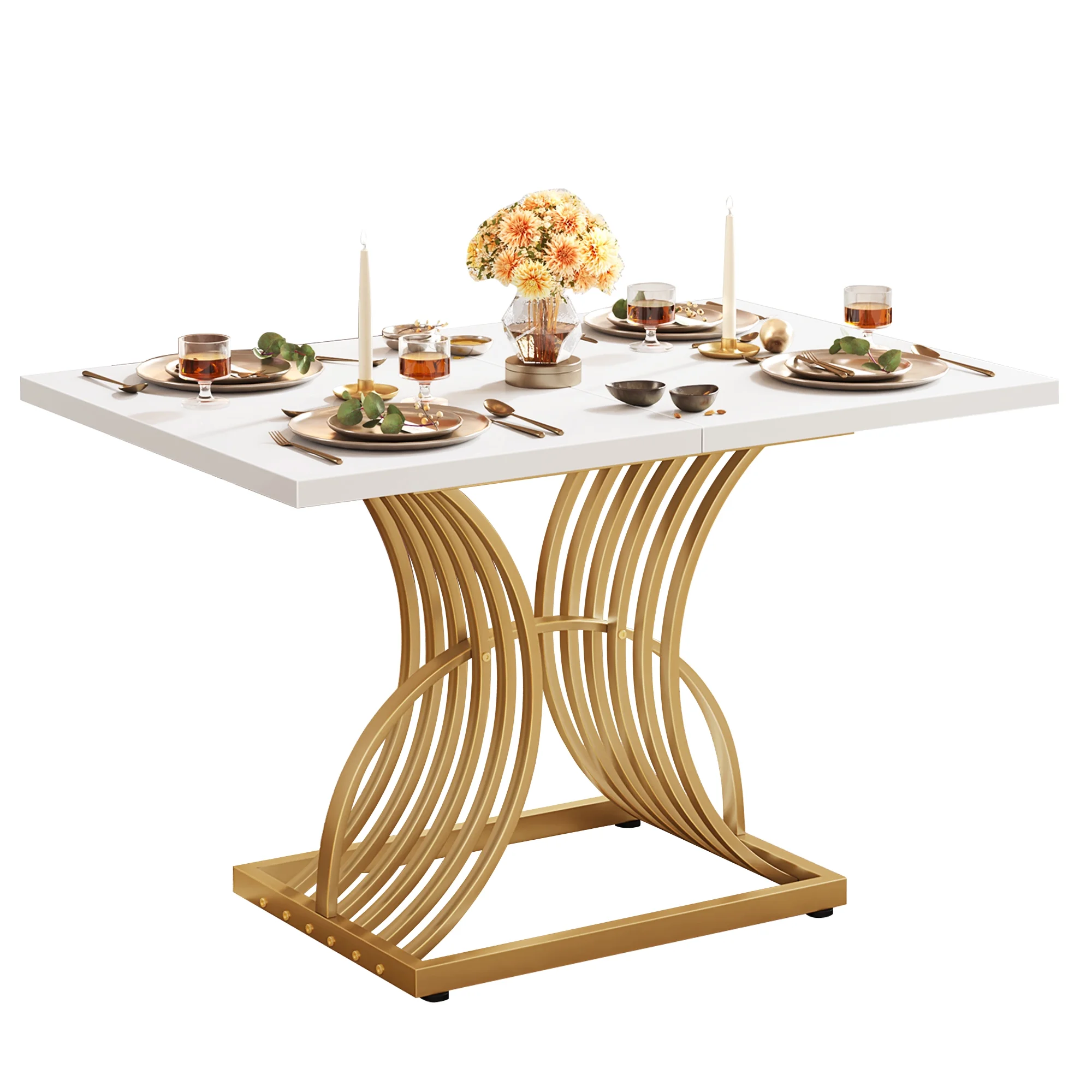 Dextrus 46.9" Modern Gold Dining Table, Rectangular Elegant Dinner Room Table Kitchen Table for 4-6 People Seats,Living Room, White & Gold