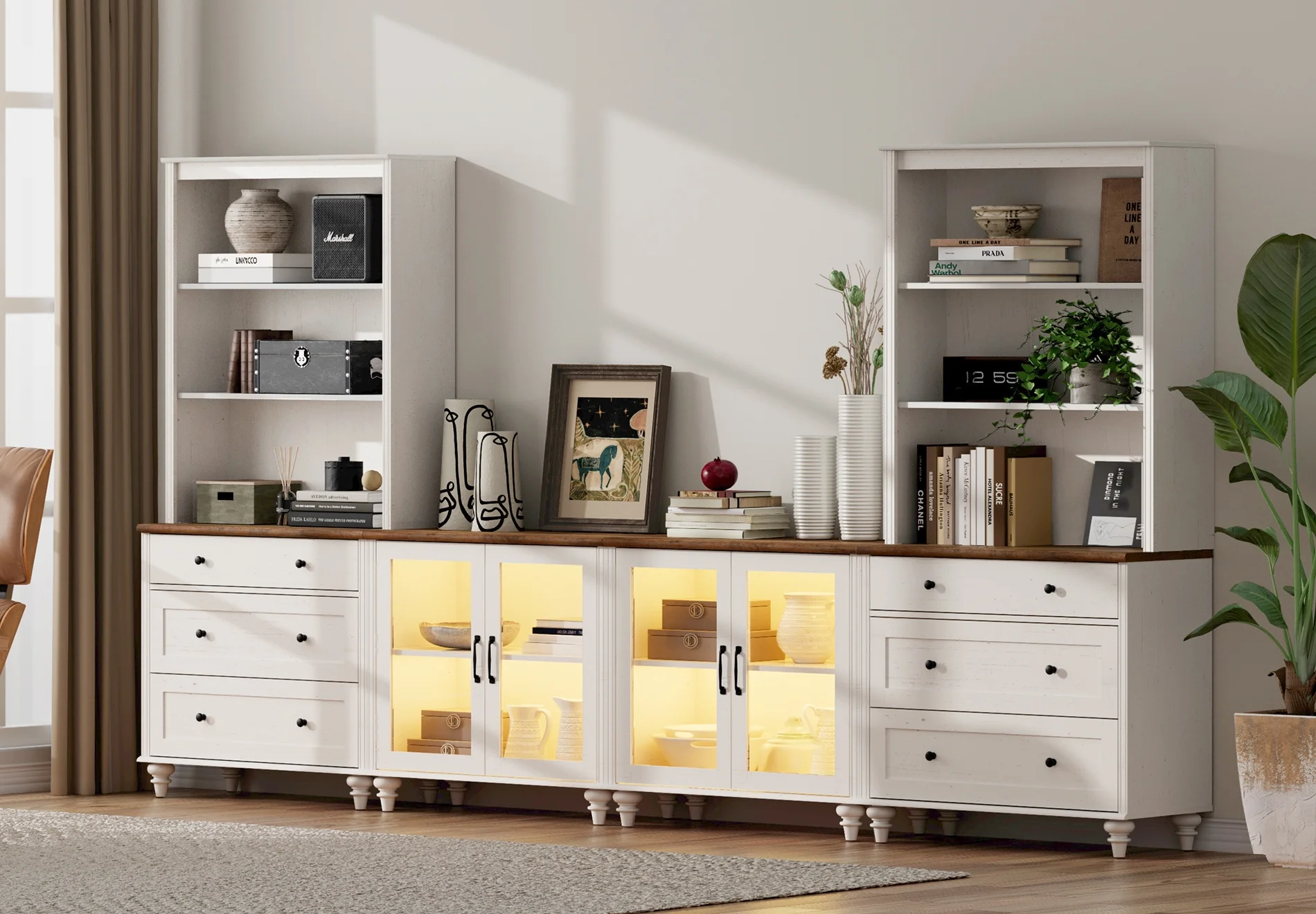 Entertainment Center with Bookshelves with Glass Doors & Drawer, Farmhouse Wall Unit TV Stand for TVs up to 75" , Media Console Table for Living Room