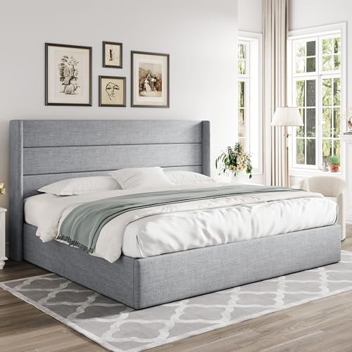 Allewie Full Size Lift Up Storage Bed, Modern Wingback Headboard, Hydraulic Support, No Box Spring Needed, Light Beige