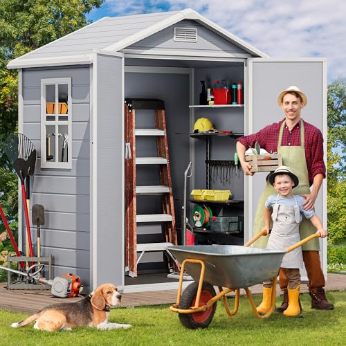 DWVO 6.x4 FT Resin Storage Shed with Reinforced Floor, Outdoor Storage Shed with Lockable Door, Window and Vents
