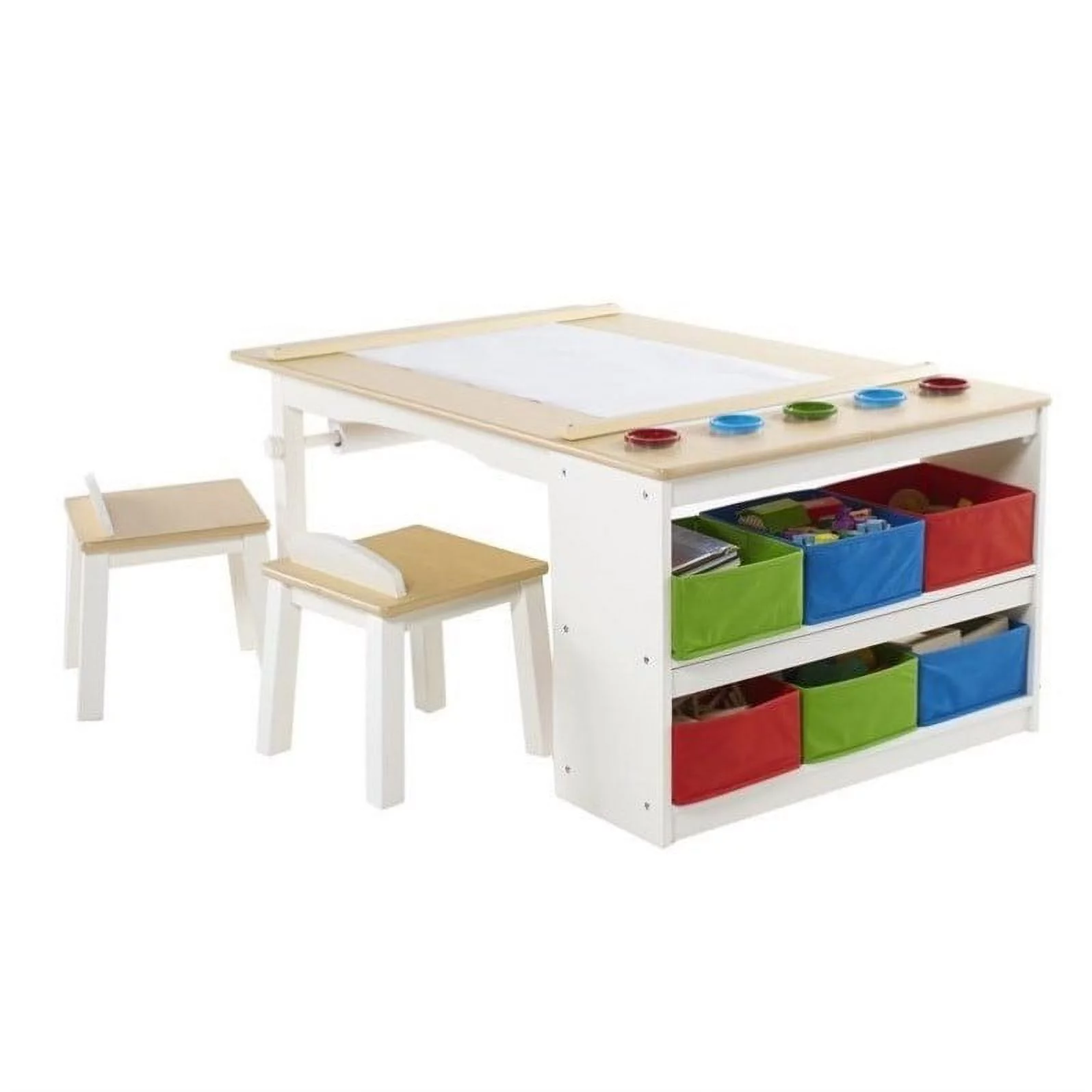 Guidecraft Arts and Crafts Center: Kids Activity Table and Drawing Desk with Stools, Storage Canvas Bins, Paper Roller