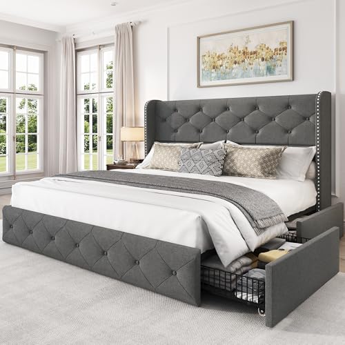King Size Bed Frame with 4 Storage Drawers and Tufted Headboard Linen Upholstered Platform Bed Frame Wingback Beds with Wooden Slats Support