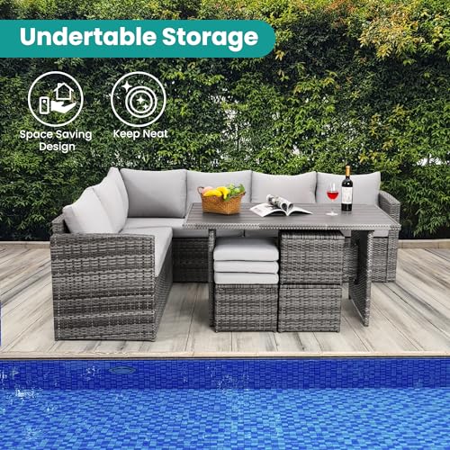 Patio Furniture Set, 7 Pieces Outdoor Patio Furniture with Dining Table&Chair, All Weather Wicker Conversation Set with Ottoman