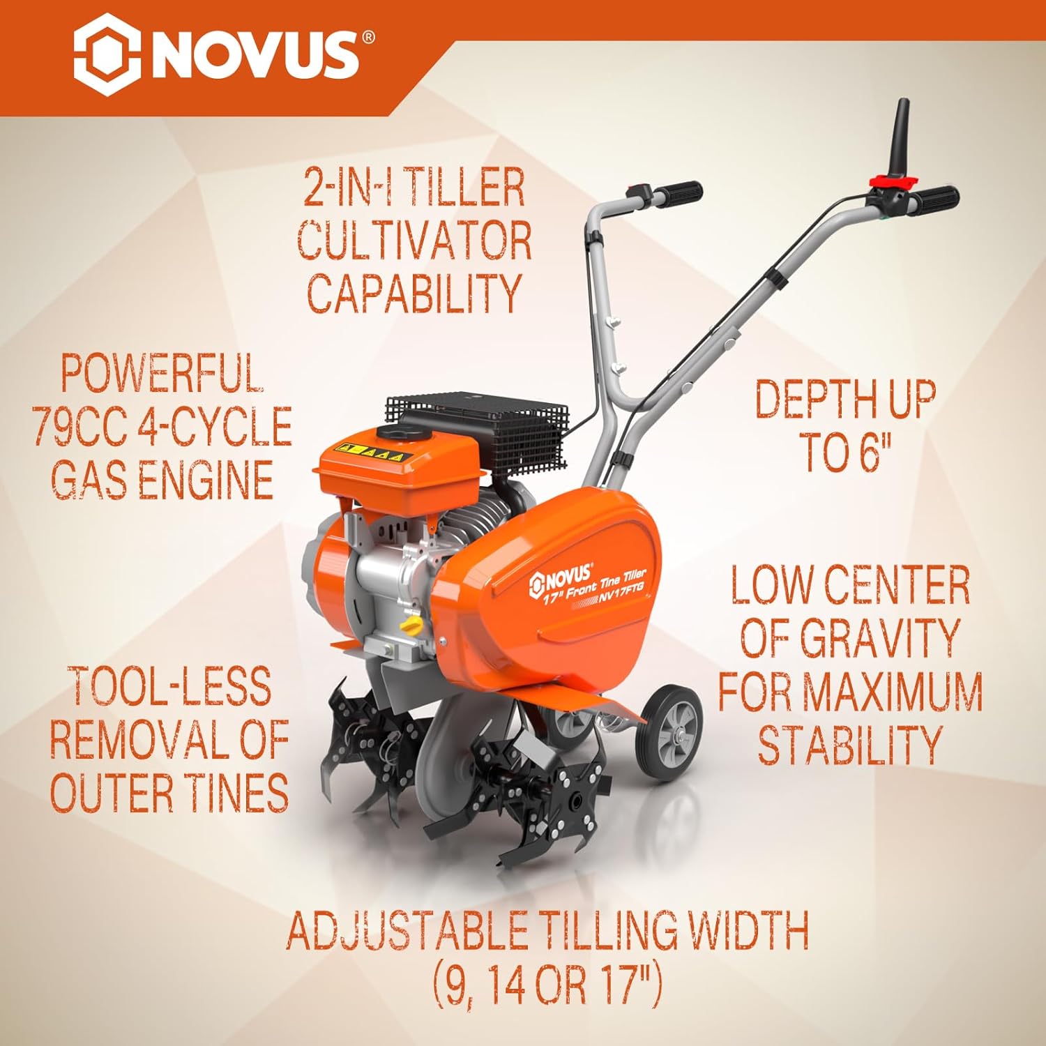 NOVUS 17-Inch Gas Tiller for Gardening, 2-in-1 Gas Powerd Front Tine Tiller Cultivator, 79 cc 4-Cycle Gas Engine, Toolless Tilling Width Adjustment