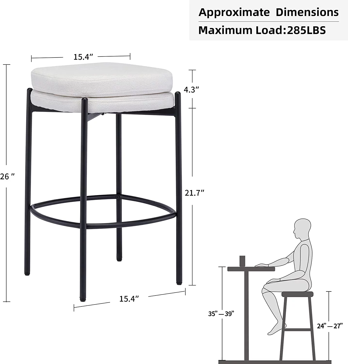 Duhome Boucle Fabric Bar Stools Set of 2 Modern Barstools Counter Stools 26" Stools for Kitchen Island Backless Bar Chairs, Cream White
