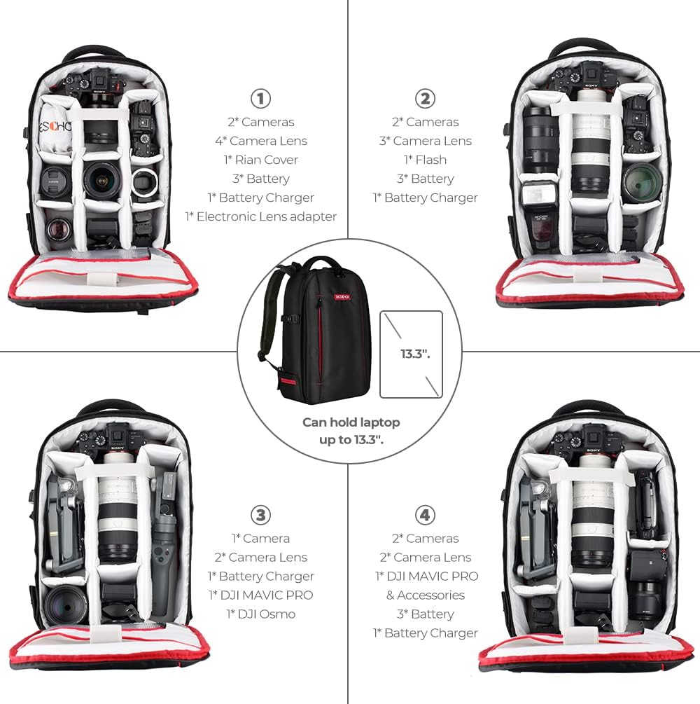 Beschoi DSLR Camera Backpack Waterproof Camera Bag for SLR/DSLR Camera, Lens and Accessories, Black (Large)