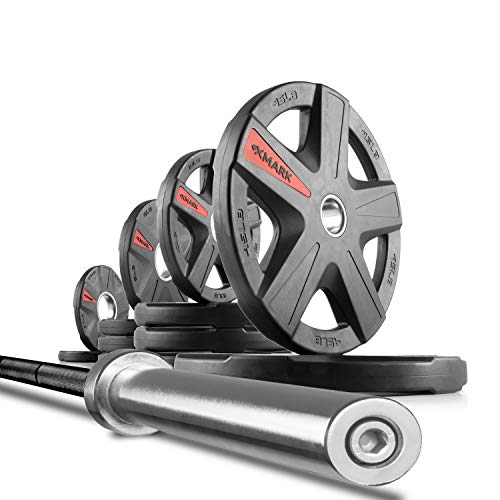 XMark TEXAS STAR Olympic Weight Plate Sets with XMark Olympic Weightlifting Bar, 2-inch Rubber Coated Olympic Grip Plate Set With 7’ Olympic Bar