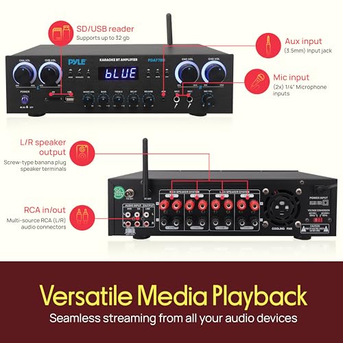 Pyle Bluetooth Home Audio Theater Amplifier Stereo Receiver- 4 Channel, 800 Watt Sound System w/ MP3,USB,SD,AUX,RCA,FM,MIC, Headphone, Reverb Delay