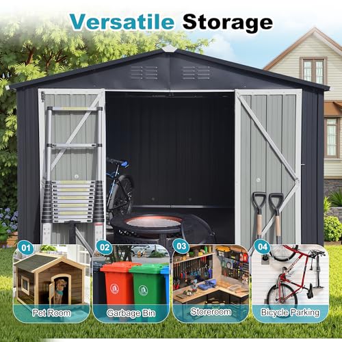 8x6 FT Outdoor Storage Shed, Metal Tool Shed with Lockable Doors, Peaked Roof & Frame Floor