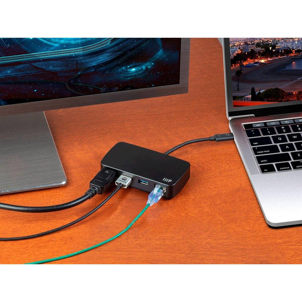 Monoprice Thunderbolt 3 Mobile Dual Video HDMI and DisplayPort Travel Dock Adapter - Black | with 4K@60Hz, Built in Cable, USB 3