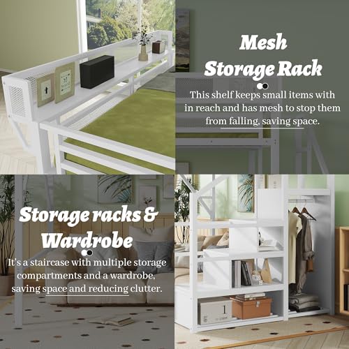 Full Size Loft Bed with Desk and Stairs, Heavy-Duty Steel Loft Bed Frame with Wardrobe & LED Light