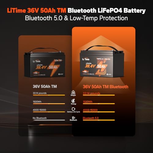 LiTime 36V 50Ah Trolling Motor Bluetooth Low-Temp Protection LiFePO4 Battery Buit in 50A BMS