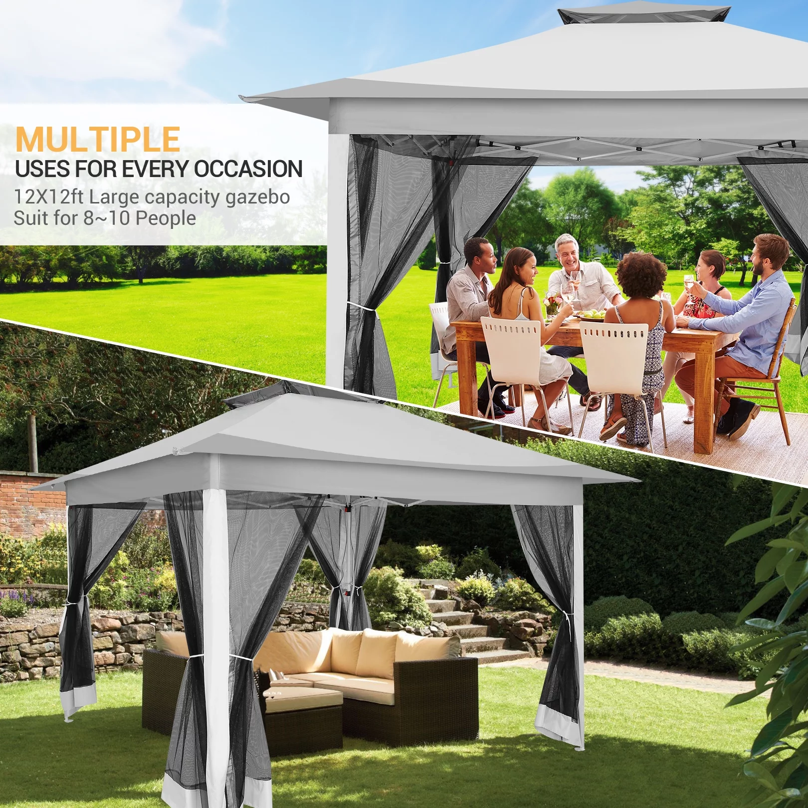 SANOPY 12x12FT Outdoor Gazebo Pop Up Gazebo with Mosquito Netting, Instant Patio Canopy Tent for Shade and Rain