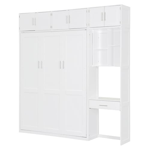 Polibi Full Size Wall Murphy Bed with Built-in Desk & Shelves - Multi-Functional Wall Bed for Small Apartments, 3 Storage Cabinets