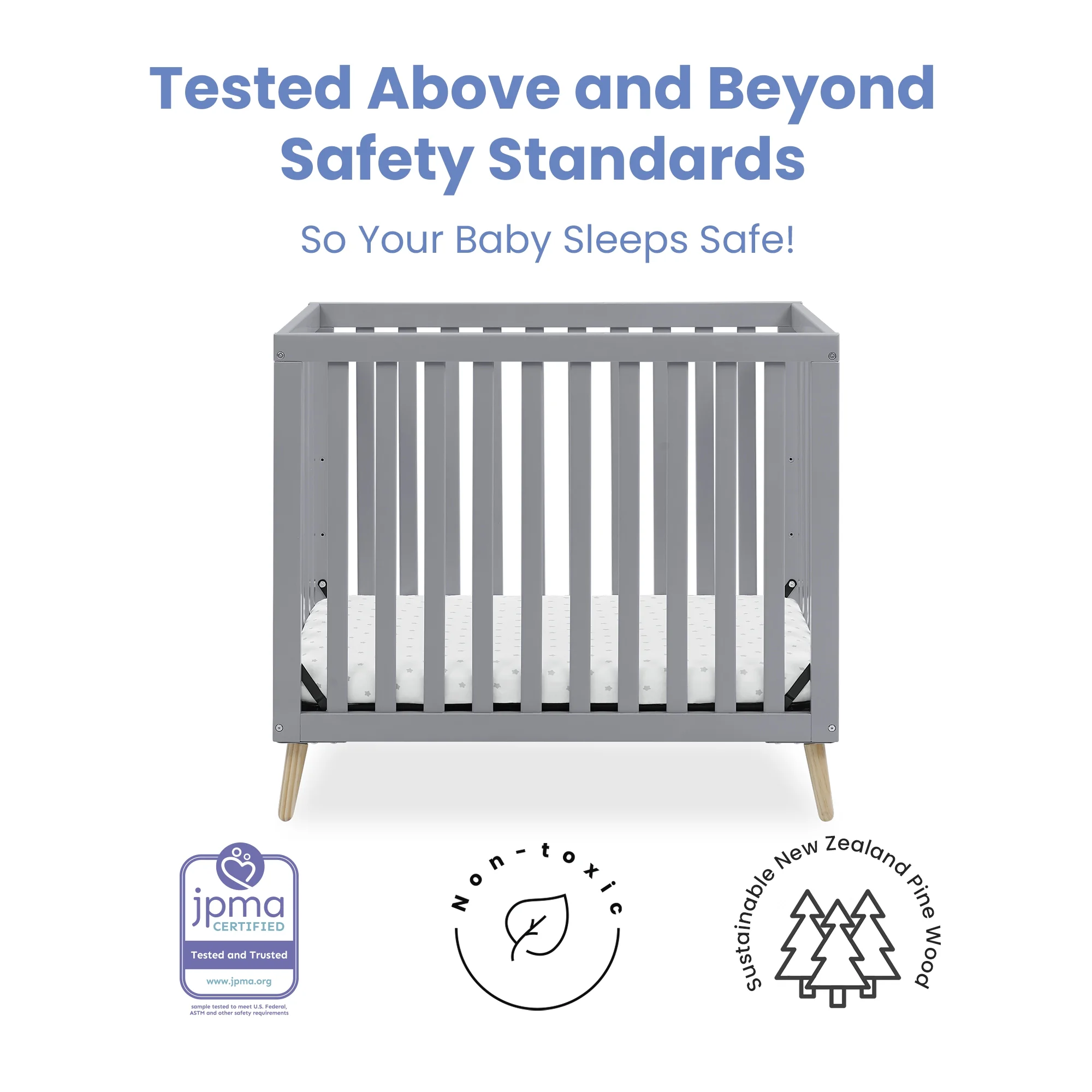 Delta Children Essex Convertible Mini Baby Crib with 2.75-Inch Mattress, Grey w/Natural