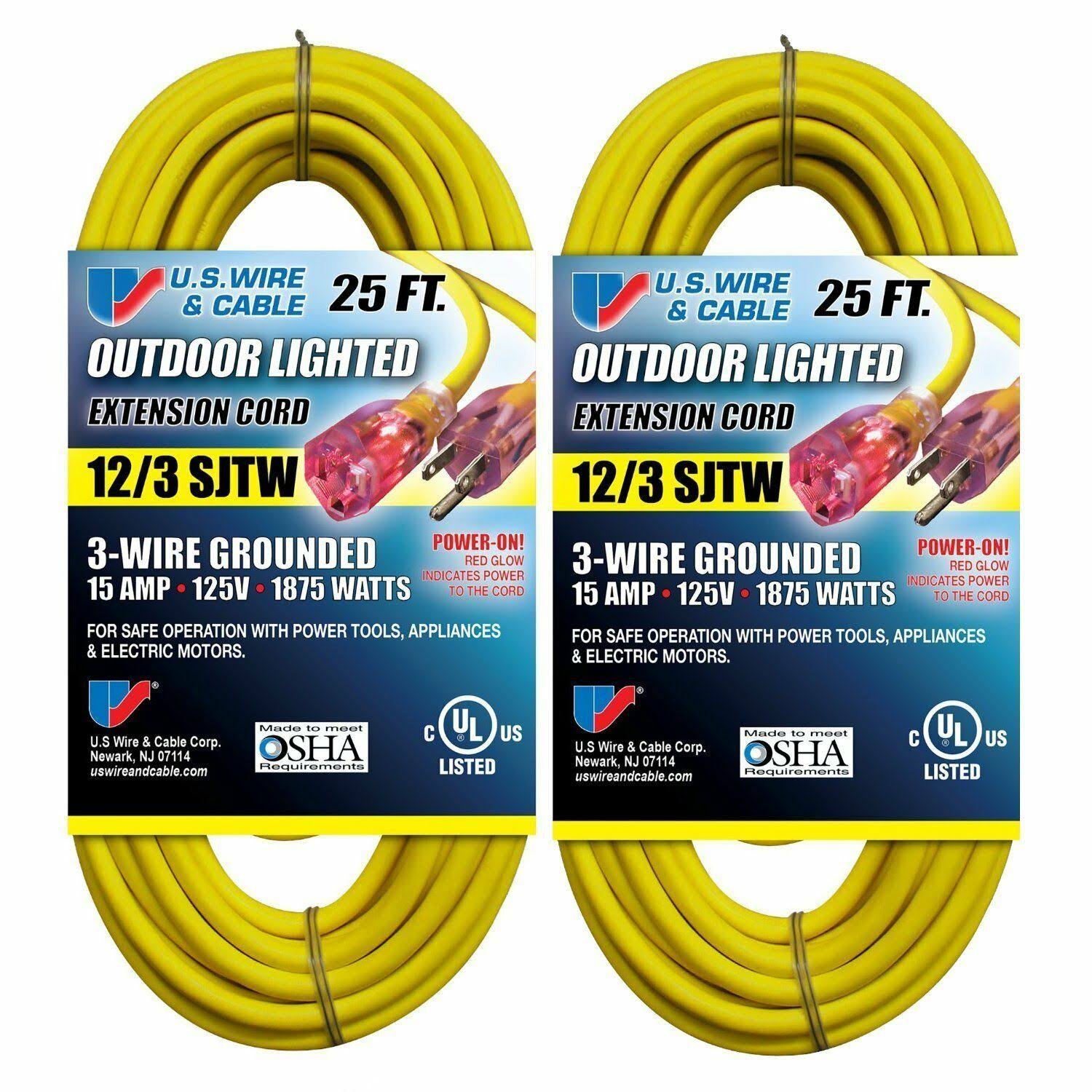 US Wire u0026 Cable 25-ft 12/3 SJTW Heavy Duty Lighted Plug Extension Cord (Yellow, 2-Pack) - Megean