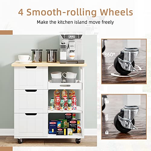 Shintenchi Rolling Kitchen Island Cart with Folding Drop Leaf Breakfast Bar, Portable Trolley Island with Large Storage Cabinet, Shelf and Drawer