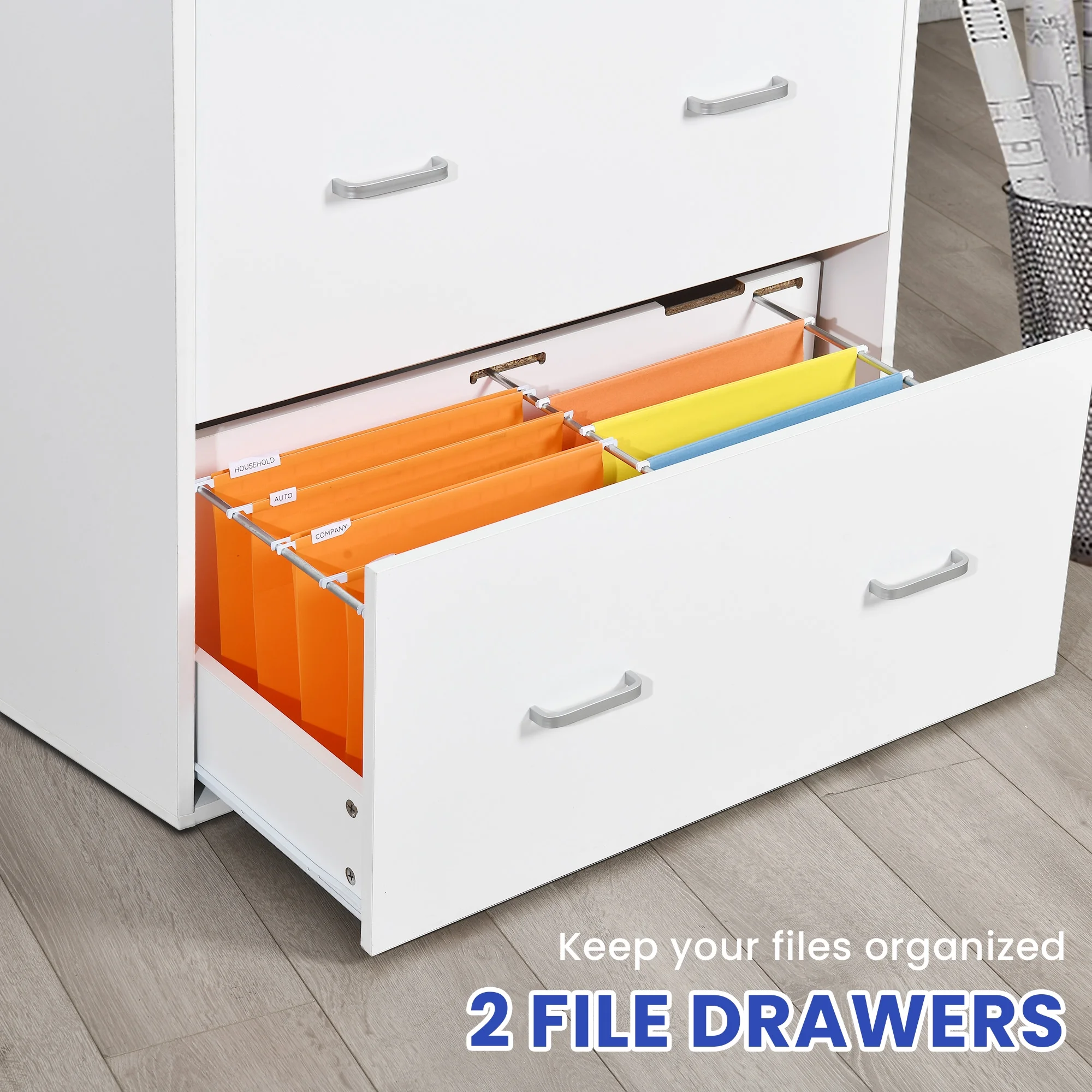 ModFusion 2-Drawer, 4-Metal Drawer Handle A4 Legal Letter Files Organizer Wood Cabinet with Charging Hub Station, White - Curated Treasures Market