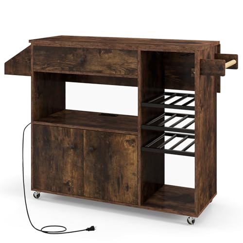 Rolling Kitchen Island with Drop Leaf & Power Outlet, Microwave Cart with Storage Cabinet, Drawer, Wine & Cup Holder, Spice & Towel Rack