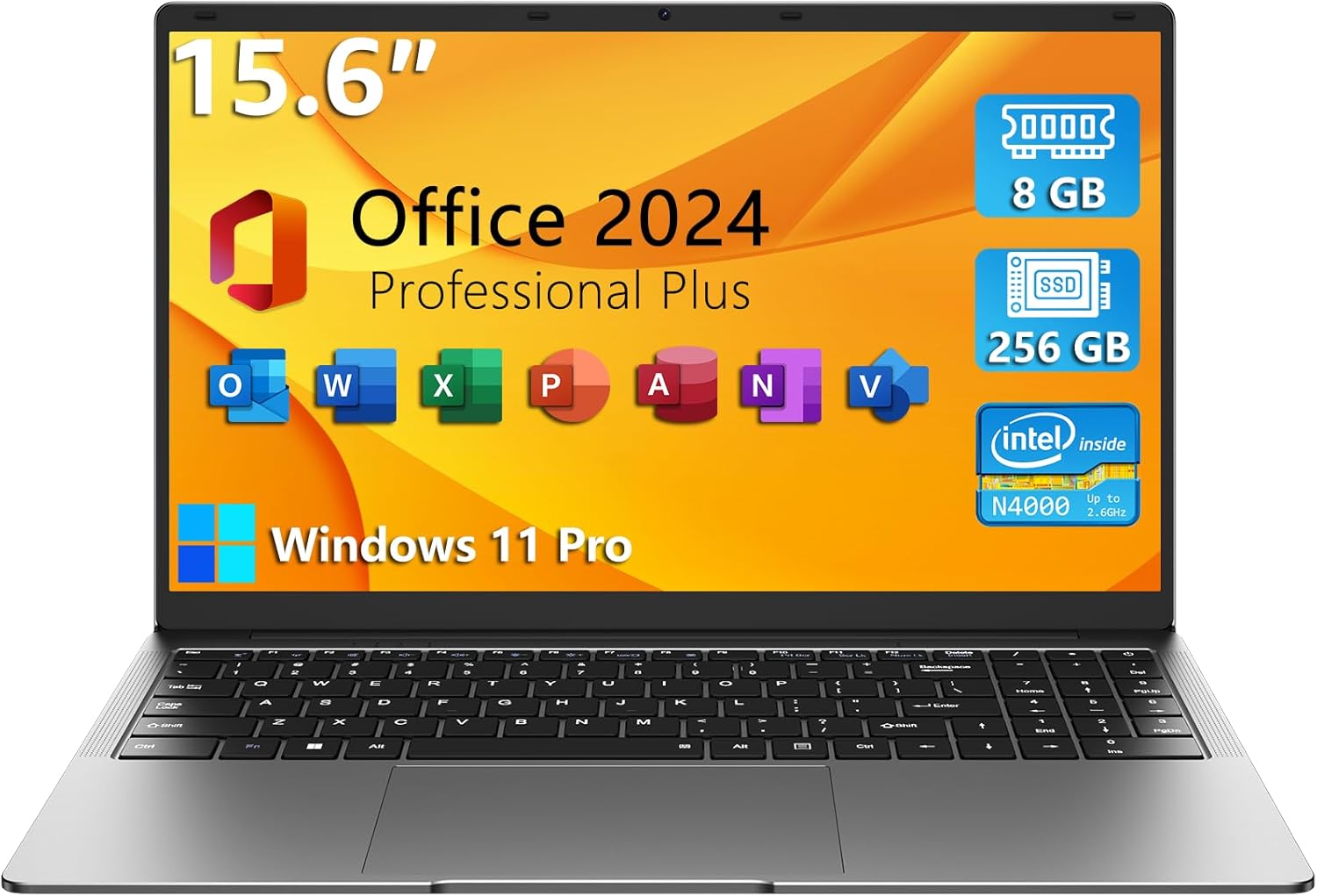 15.6" Windows 11 Pro Laptop, MS Office 2024, 8GB RAM 256GB Storage, Intel Celeron N4000(up to 2.6GHz) 100% sRGB Screen, 2.4G/5G Dual Band WiFi, BT4.2