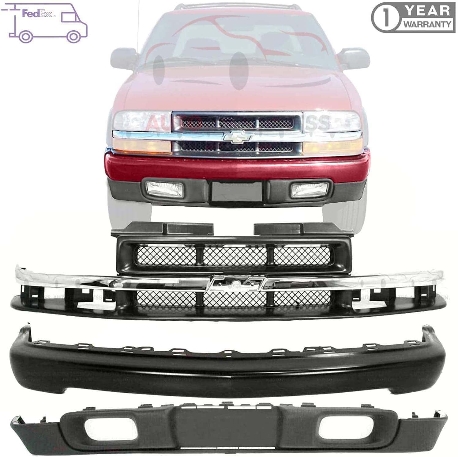 New Front Bumper Paintable Steel + Lower Valance Air Deflector Textured + Grille with Chrome Center Bar For 1998-2004 Chevrolet S10 Pickup 4WD Direct