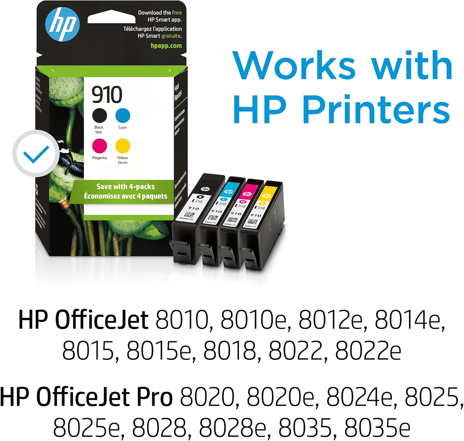 Original HP 910 Black, Cyan, Magenta, Yellow Ink Cartridges (4-pack) | Works with HP OfficeJet 8010, 8020 Series, HP OfficeJet Pro 8020