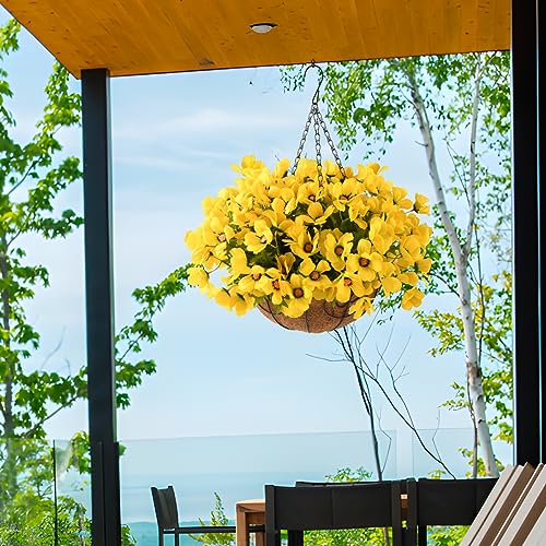 INQCMY Artificial Hanging Flowers in Basket for Patio Lawn Garden Decor