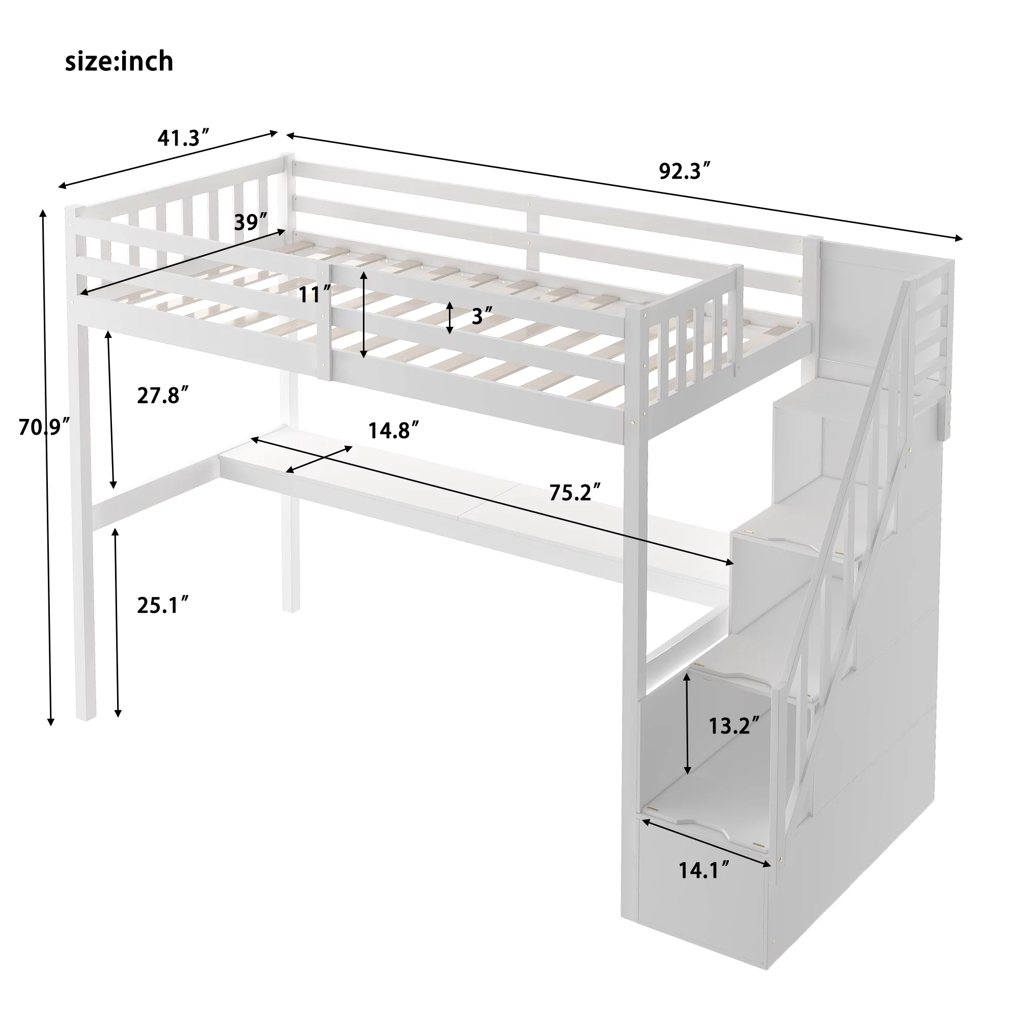 EUROCO Twin Size Loft Bed with Storage Staircase and Built-in Desk, White