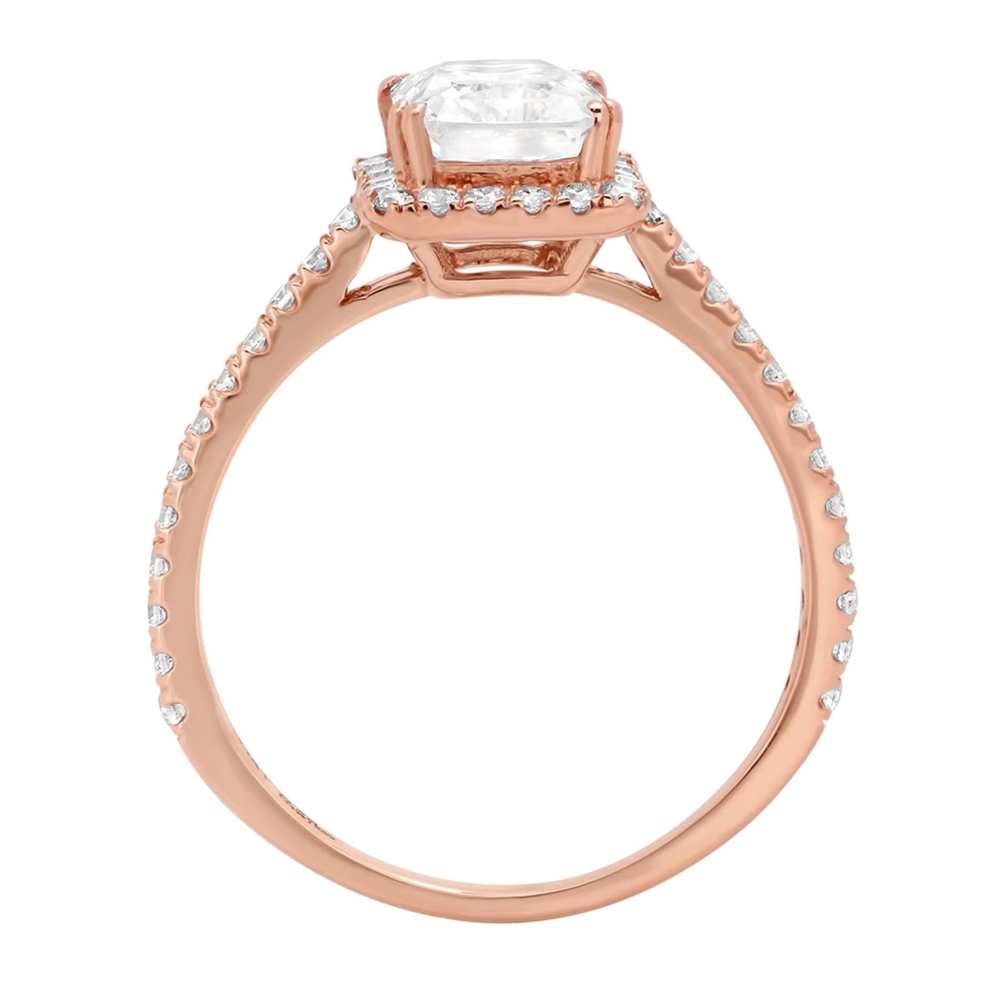 1.96 ct Emerald Cut Genuine Cultured Diamond SI1-SI2 G-H 18K Rose Gold Halo Promise Wedding Statement Engagement Designer Ring W/ Crystal side stones