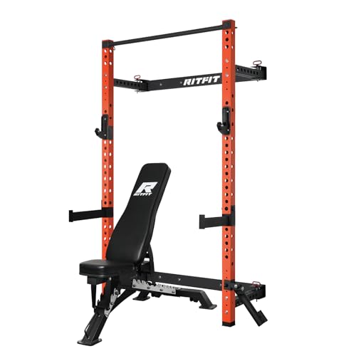 RitFit Multi-Functional Folding Squat Rack for Home Gym, 2.36'' x 2.36'' Wall Mounted Squat Rack with Attachments - Space Saving Squat Power Rack