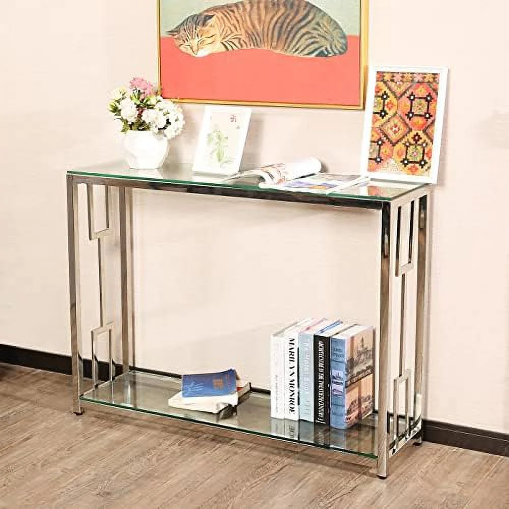 TJUNBOLIFE Glass Console Table with Shelves - Modern Glass Entryway Table with Chrome Leg
