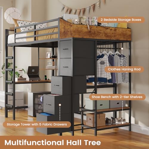 VIAGDO Loft Bed Twin Size with Hall Tree, Charging Station and LED Lights, Metal Loft Bed with L-Shaped Desk, 5 Storage Drawers