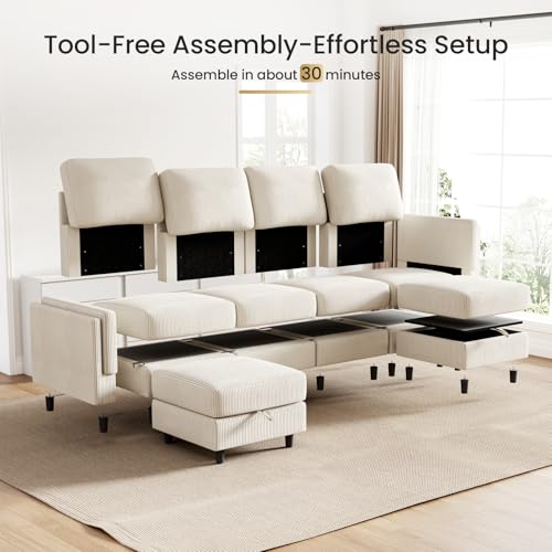KKL Modular Sectional Sofa Bed with Storage Ottoman, Convertible L/U-Shaped Sleeper Couch for Living Room, Modern Reversible Design, Beige