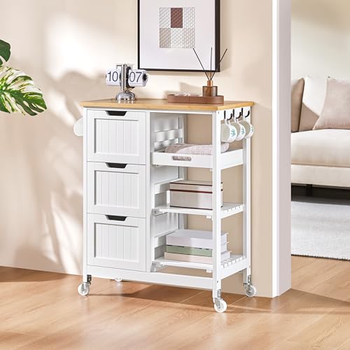 Yaheetech Kitchen Island Cart on Wheels with Bamboo Countertop, Rolling Serving Utility Trolley Cart with 3 Drawers