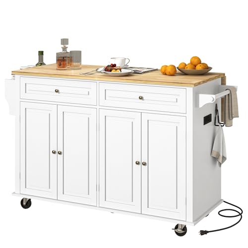 Kitchen Cart with Wood Top and Drop Leaf Breakfast Bar, Rolling Mobile Kitchen Island Table on Wheels with Drawer and Storage Cabinet, Spice Rack