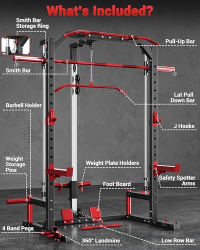 Smith Machine Home Gym with Barbell Bar, Cable System, Lat Pulldown Attachments, Safety Spotter Arms, J Hooks, Landmine
