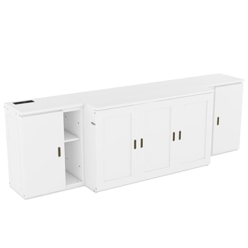 Full Size Murphy Cabinet Wall Bed With Storage and Bookcase Headboard, Solid Wood Cabinet With Shelves and USB Ports, Platform Floor for Home Office