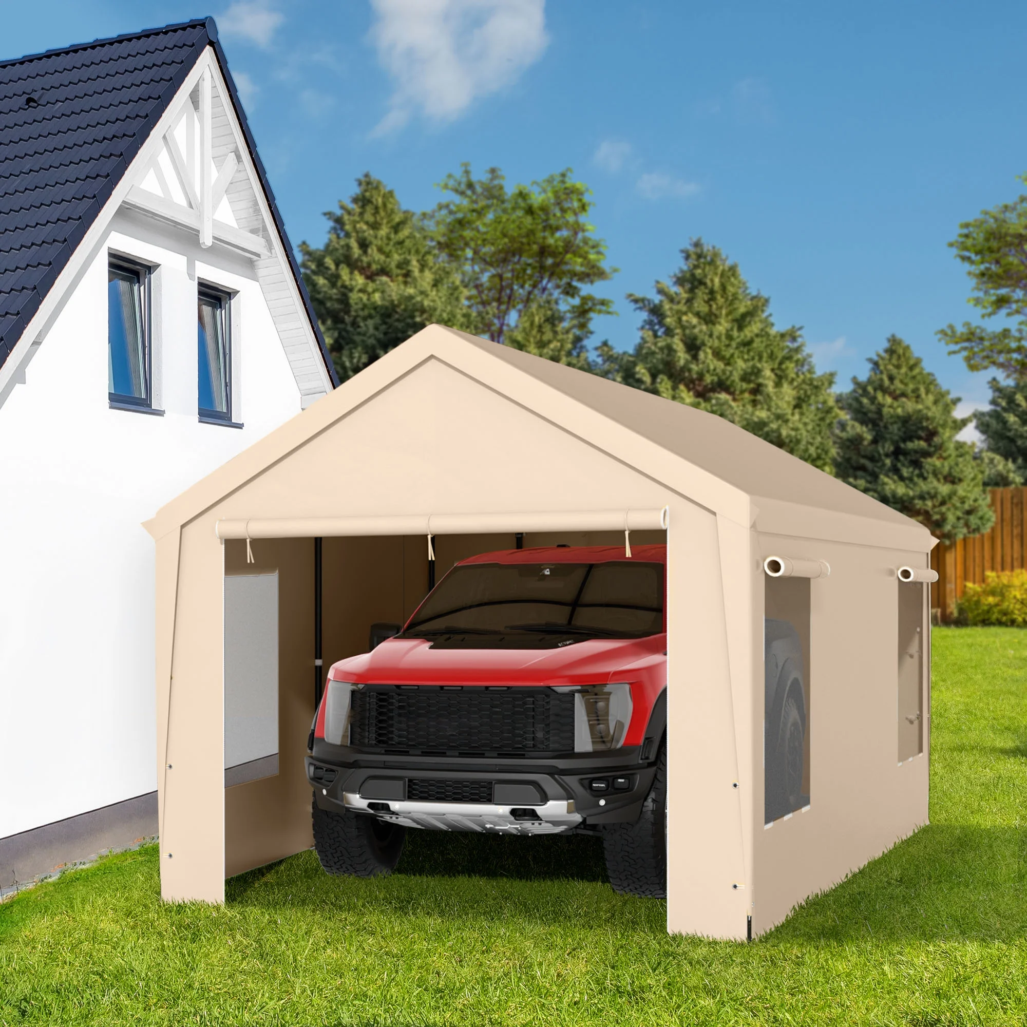 SERWALL 12 x 20 ft Heavy Duty Steel Car Carport Canopy Tents with Window for Outside Party, Beige