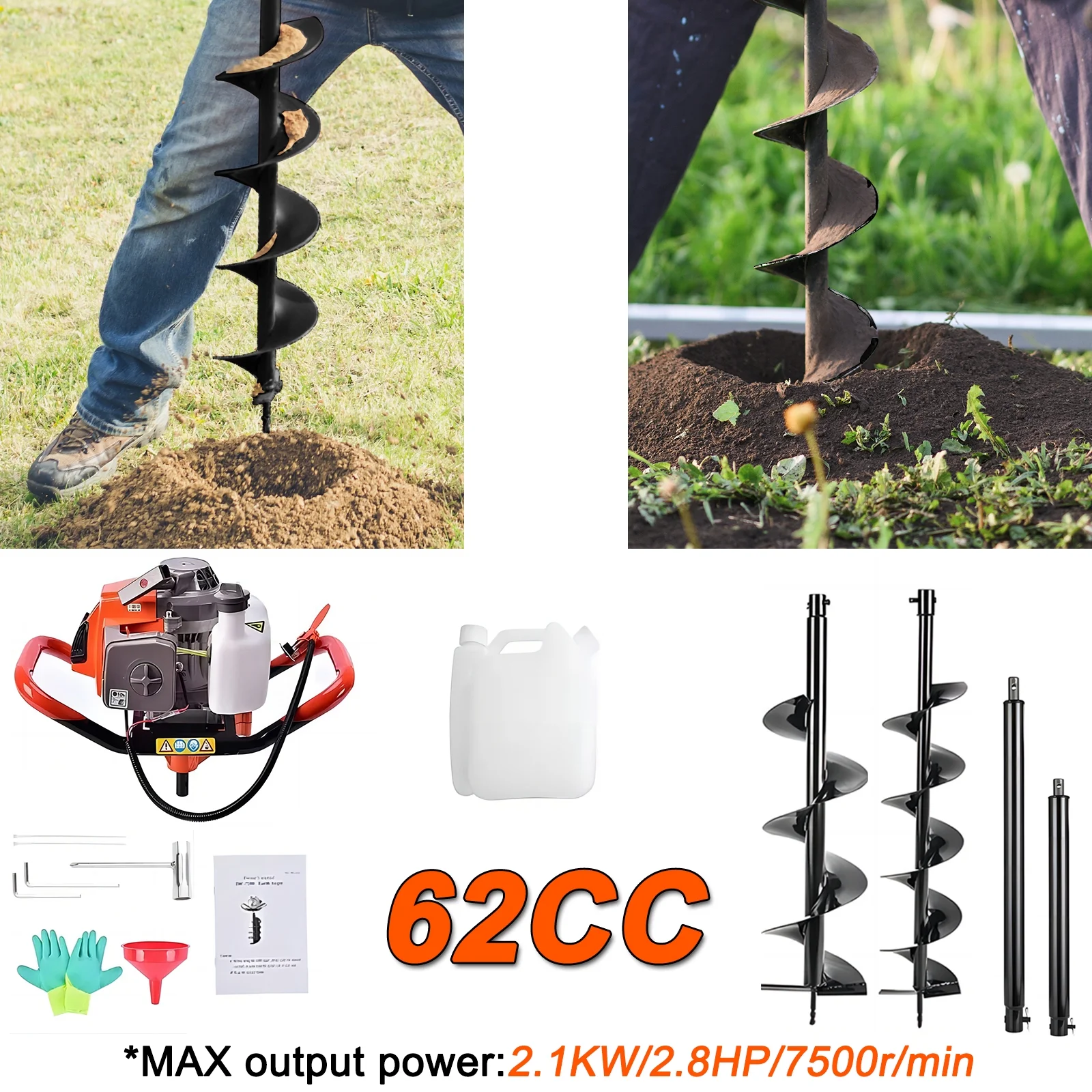 JSTUOKE 62cc 2100W Post Hole Digger 2 Stroke Petrol Gas Powered Earth Digger with 2 Auger Drill Bits ( 6" 10") + 2 Extension Rods for Farm Garden