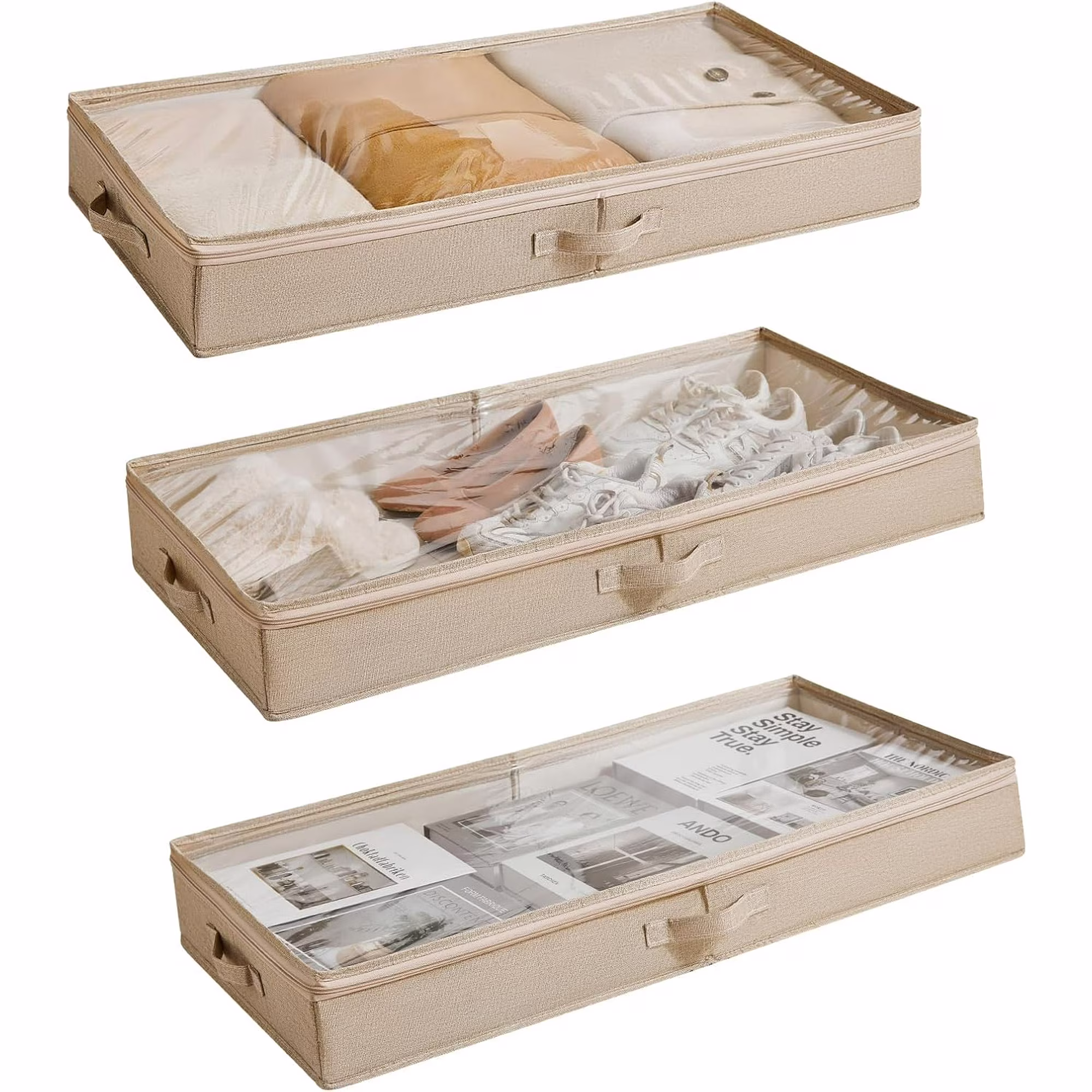 3 Pack Under Bed Storage Containers, Low Profile Underbed Shoes and Clothes Storage Organizer with Sturdy Sidewalls/Bottom, Large Dorm Storage Bins