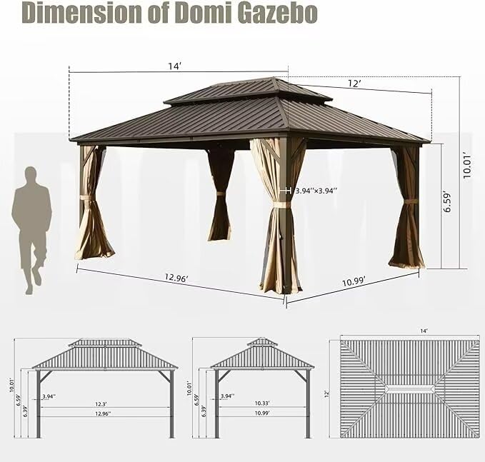 Domi 10’ x 10’ Hardtop Gazebo Metal Frame Canopy with Netting & Curtains