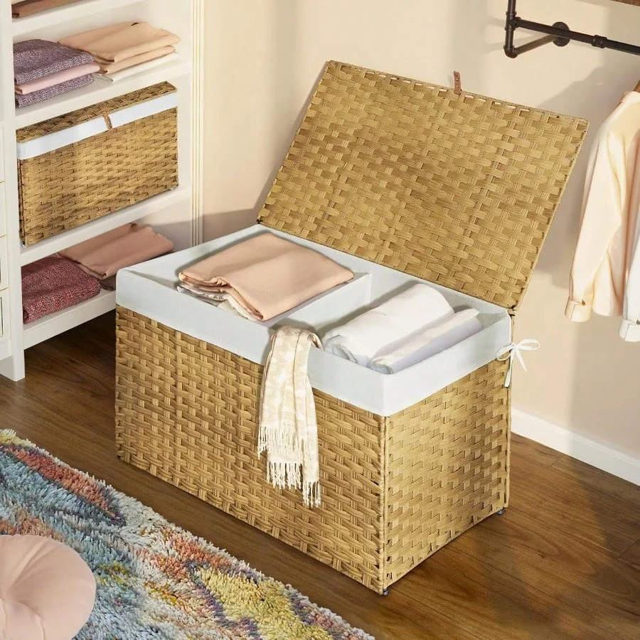 GREENSTELL Storage Basket with Lid 42.3 Gallon 160L Lagre Wicker Blanket Storage Basket with Handles Foldable 2 Removable Liner Bags Metal Frame for