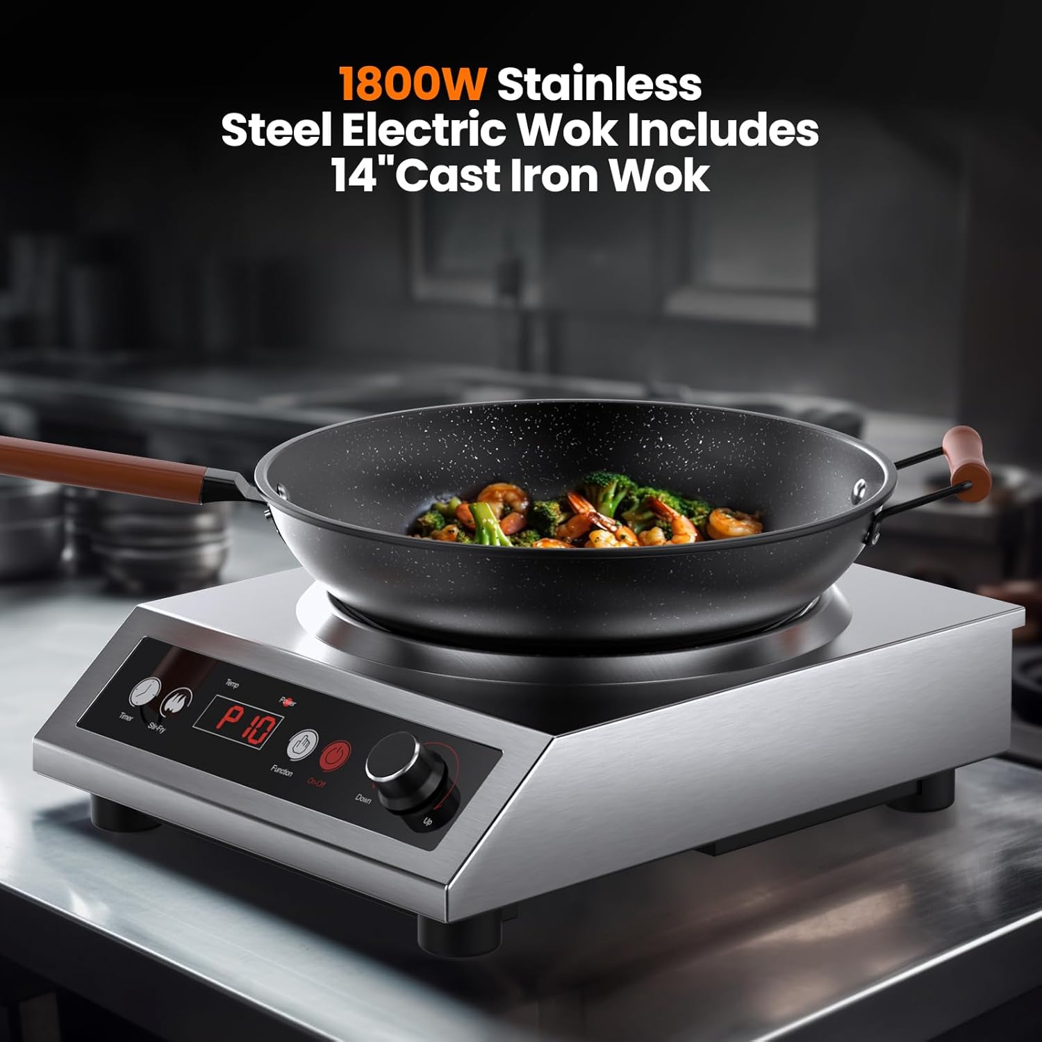1800W Induction Wok,Stainless Steel Electric Wok Used For Home And Commercial,Temp From 140°F to 460°F